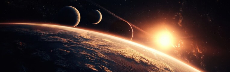 A breathtaking view of Earth, three distant planets, and a stunning sunrise in the cosmos