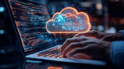 Poster - Man typing on laptop, cloud service hologram and devices sync
