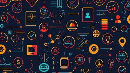 Aufkleber - Colorful abstract digital icons representing technology, data analytics, and communication on a dark background