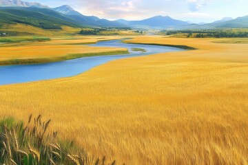 Vibrant anime wheat field, with golden stalks and a serene sky, capturing the beauty of rural landscapes