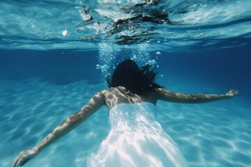 This image shows a young Caucasian brunette diving with a white dress, swimming, and enjoying summer activities