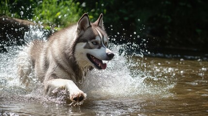 A Siberian Husky playing in a shallow stream, splashing water around as it cools off on a summer day