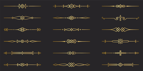 Gold text dividers doodle set. Wedding decorative elements. Divider ornament, borders, vintage line separators. Hand drawn vector illustration isolated on white background