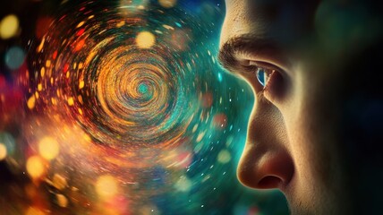 Wall Mural - Close-Up of a Person's Eye with Colorful Abstract Swirling Lights in the Background