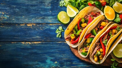 Mexican tacos made with pork, salsa, and veggies. Tacos al pastor with a rustic, blue hardwood background. upper view
