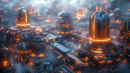 Wall Mural - Futuristic cityscape with glowing structures amidst fog.