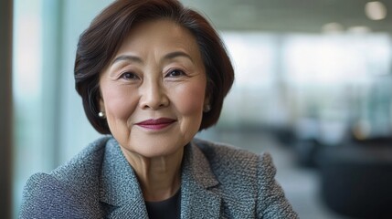 Wall Mural -  Portrait of an elderly Asian woman, sitting in an office and looking at the camera with a smile on her face. She is wearing a grey jacket