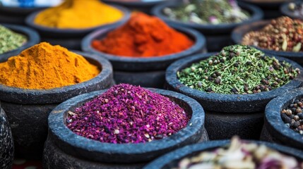 Close-up of colorful spices in stone bowls, an exploration of global culinary ingredients that bring dishes to life