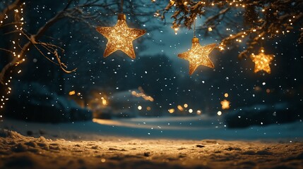 Christmas stars hanging in the night sky, casting a soft, magical glow over a snow-covered landscape, creating a serene holiday scene. 4K hyperrealistic photo.