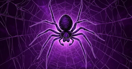 A purple spider at the center of an intricate web, against a dark background. 