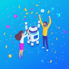 Poster - An isometric business person and an AI robot show their teamwork by raising their hands together