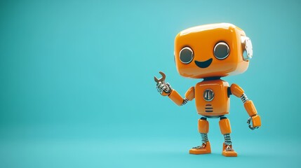 Poster - A friendly positive cartoon orange robot waving a hand in greeting. Chatbot greets. Customer service chat bot. Intelligent robot. Robot assistant, online consultant. Background illustration in blue.