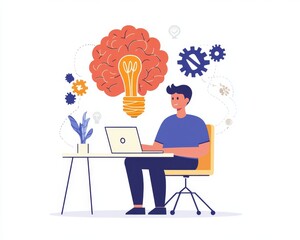 Poster - A worker or programmer, with a huge brain in the background. An assistant learns about digital technology on a computer, cloud storage with data, a modern flat illustration for a banner about