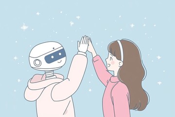 Illustration of a smiling girl standing and shaking hands with a white robot bot as friends in a modern illustration of friendship.