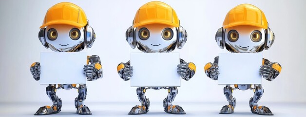 Poster - A robot presenting collection design with a whiteboard and speech bubble, kawaii happy faces, and waving gestures. Modern illustration style.
