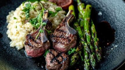 Close-up of grilled lamb chops paired with creamy risotto and charred asparagus, perfect for a sophisticated dinner setting