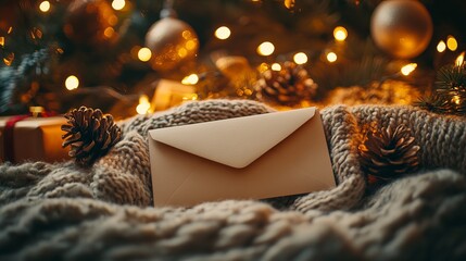 Wall Mural - Christmas mockup of a blank envelope on a cozy blanket, with holiday decorations, twinkling lights, and a warm glow in the background. 4K hyperrealistic photo.