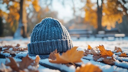 Sticker - Mockup of a plain winter hat on a snowy picnic table, surrounded by frost-covered leaves and a clear winter sky, perfect for showcasing winter apparel designs. 4K hyperrealistic photo.