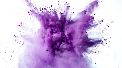 Powder explosion,Closeup of a purple dust particle explosion isolated on white  Abstract background ,bright purple lilac holi paint color powder festival explosion isolated white background