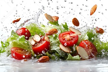 Fresh lettuce, cherry tomatoes, and almonds falling into water with a splash.