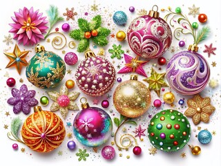 Wall Mural - Vibrant, intricately designed clip art ornaments in various shapes and sizes, adorned with glitter, flowers, and