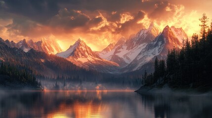 A panoramic view of a snow-capped mountain range at sunrise, with warm golden light illuminating the peaks and a calm lake reflecting the scenery below.