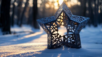 Star-shaped window decoration with symmetrical, geometric cutouts, casting intricate shadows on the snow outside. 4K hyperrealistic photo.