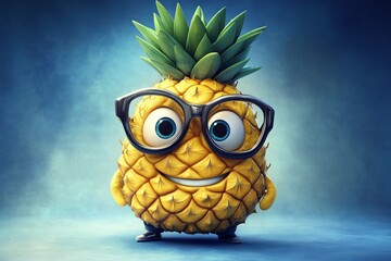 Pineapple character with glasses and apple in hand.