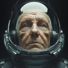 Poster - Cyberpunk, cyborg, and a face of a sci-fi old man for a video game character, digital gaming, and metaverse. Futuristic technology, virtual reality, and a dystopian male at night for a fantasy AI.
