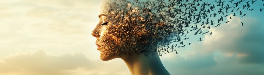 Wall Mural - Surreal Digital Art of Woman's Head Dissolving into Birds Against a Sunset Sky