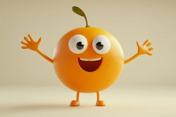 Cartoon orange character with cute smile. Orange juice, happy funny food character. Health and wellness concept. Stock photo.