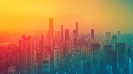 Wall Mural - Heatmap of an urban skyline, with warm colors indicating areas of high activity and cooler tones representing quieter, residential zones. 4K hyperrealistic photo.