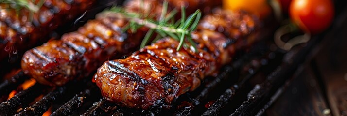 Close-up of perfectly grilled meat ribs garnished with fresh rosemary, highlighting the aromatic, juicy, and well-seasoned grilled meat on a barbecue.