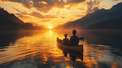 Sticker - A serene scene capturing a father and son sitting in a canoe on calm water, with a stunning sunset backdrop