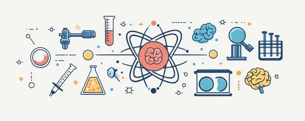 Poster - flat illustration of an atom with scientific elements including brain icon, laboratory tools, and mo