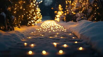 Wall Mural - Christmas lights on a snowy pathway, with a gradient from warm yellow to soft white, illuminating the night. 4K hyperrealistic photo.