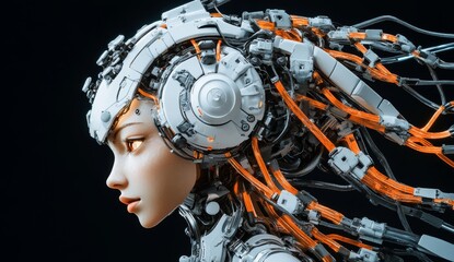 Poster - Robot woman produced from stock. Intelligent brain of a humanoid. Beautiful stock female robot. Stock.