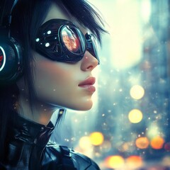Poster - 3D cyborg woman profile in a digital world, in virtual reality or as a science fiction character created with stock.