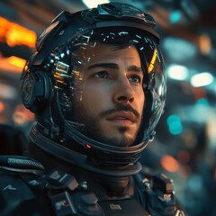 Poster - Technology, virtual reality and male in dystopian city for ai generated, military cyborg design for sci-fi video game character.