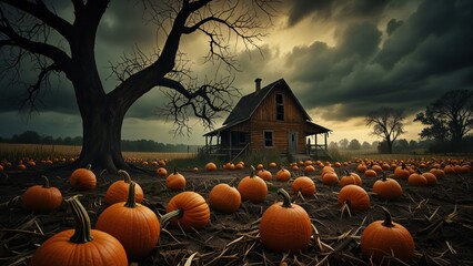 Wall Mural - halloween pumpkin on a cemetery