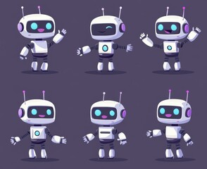 Poster - This is a cute AI robot character futuristic cartoon set. It represents anger, surprise, fatigue and happiness. This is a brilliant clipart image of a cyber bot companion.