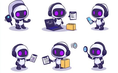 Poster - Cartoon AI Robot Chat Bot Characters Set Isolated On Transparent Background.