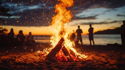 A bonfire on the beach with bright orange flames leaping into the night sky, surrounded by friends enjoying the warmth