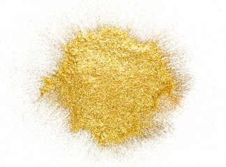 Poster - Golden glitter sand texture, handful spread on white, abstract background with copy space, top view. Yellow dusty shimmer decoration pile, shiny and sparkling. Holiday and glamour concept.