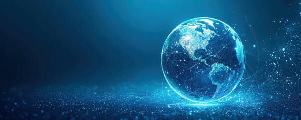 Poster - A futuristic digital representation of Earth encapsulated in a glass sphere, glowing with blue light against a dark background, symbolizing global connectivity and technology.