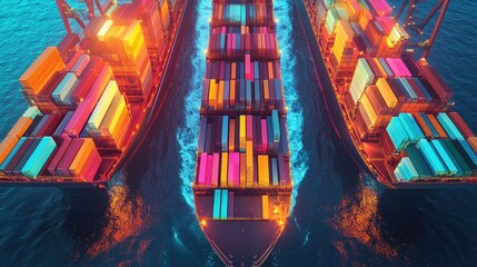 Overhead perspective of a container ship at sea, sleek design and vivid containers 