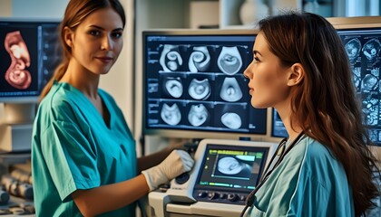 Wall Mural - Expert Female Diagnostic Medical Sonographer Demonstrating Precision and Skill in Medical Imaging at the Workplace