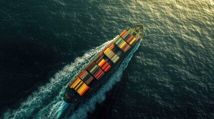 Overhead perspective of a container ship at sea, sleek design and vivid containers 