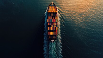 Overhead perspective of a container ship at sea, sleek design and vivid containers 