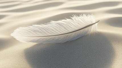 Minimalist close-up of a single feather lying on smooth sand, with soft shadows and delicate textures creating a peaceful, simple scene, 4K hyperrealistic photo.